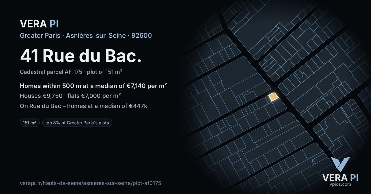 41 Rue du Bac, Asnières-sur-Seine at night – the plot lit, the parcels around coloured by the prices near them