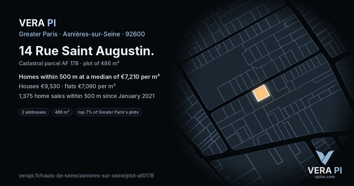 14 Rue Saint Augustin, Asnières-sur-Seine at night – the plot lit, the parcels around coloured by the prices near them