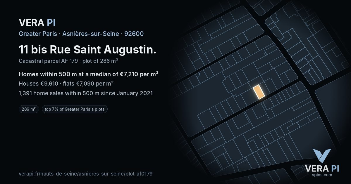 11 bis Rue Saint Augustin, Asnières-sur-Seine at night – the plot lit, the parcels around coloured by the prices near them