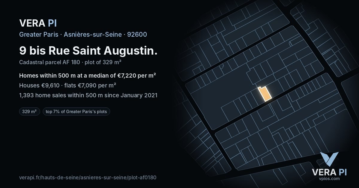 9 bis Rue Saint Augustin, Asnières-sur-Seine at night – the plot lit, the parcels around coloured by the prices near them
