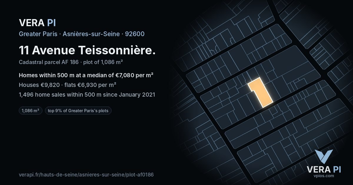 11 Avenue Teissonnière, Asnières-sur-Seine at night – the plot lit, the parcels around coloured by the prices near them