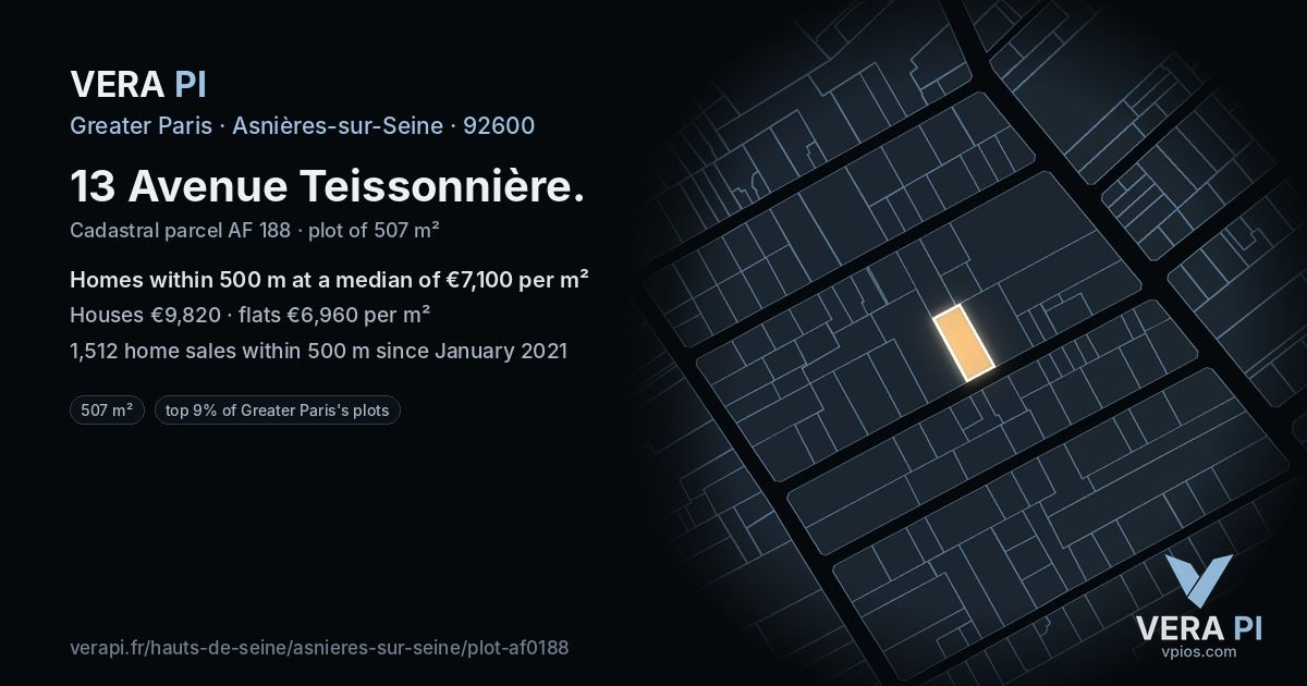 13 Avenue Teissonnière, Asnières-sur-Seine at night – the plot lit, the parcels around coloured by the prices near them