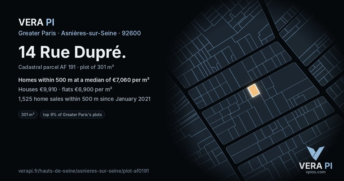 14 Rue Dupré, Asnières-sur-Seine at night – the plot lit, the parcels around coloured by the prices near them