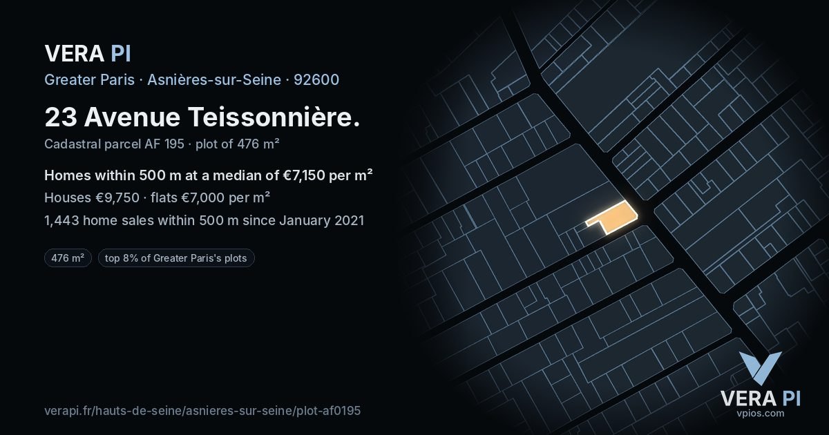 23 Avenue Teissonnière, Asnières-sur-Seine at night – the plot lit, the parcels around coloured by the prices near them