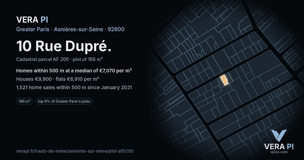 10 Rue Dupré, Asnières-sur-Seine at night – the plot lit, the parcels around coloured by the prices near them