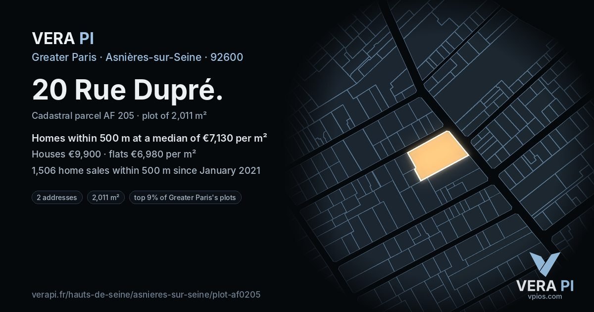 20 Rue Dupré, Asnières-sur-Seine at night – the plot lit, the parcels around coloured by the prices near them