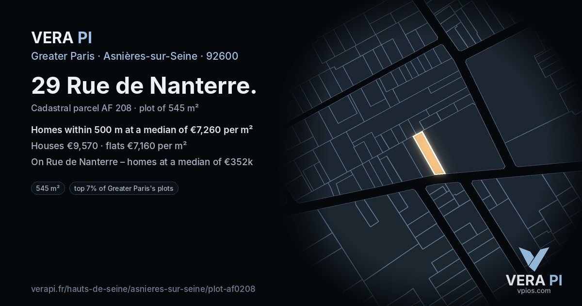 29 Rue de Nanterre, Asnières-sur-Seine at night – the plot lit, the parcels around coloured by the prices near them
