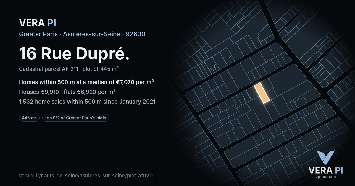 16 Rue Dupré, Asnières-sur-Seine at night – the plot lit, the parcels around coloured by the prices near them
