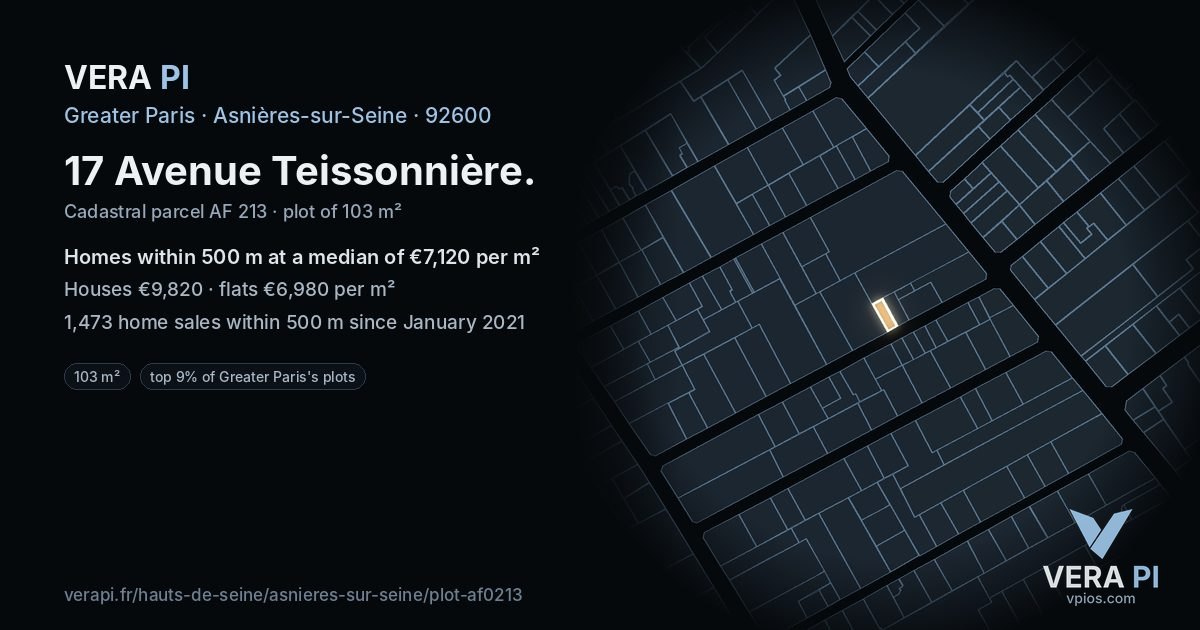 17 Avenue Teissonnière, Asnières-sur-Seine at night – the plot lit, the parcels around coloured by the prices near them