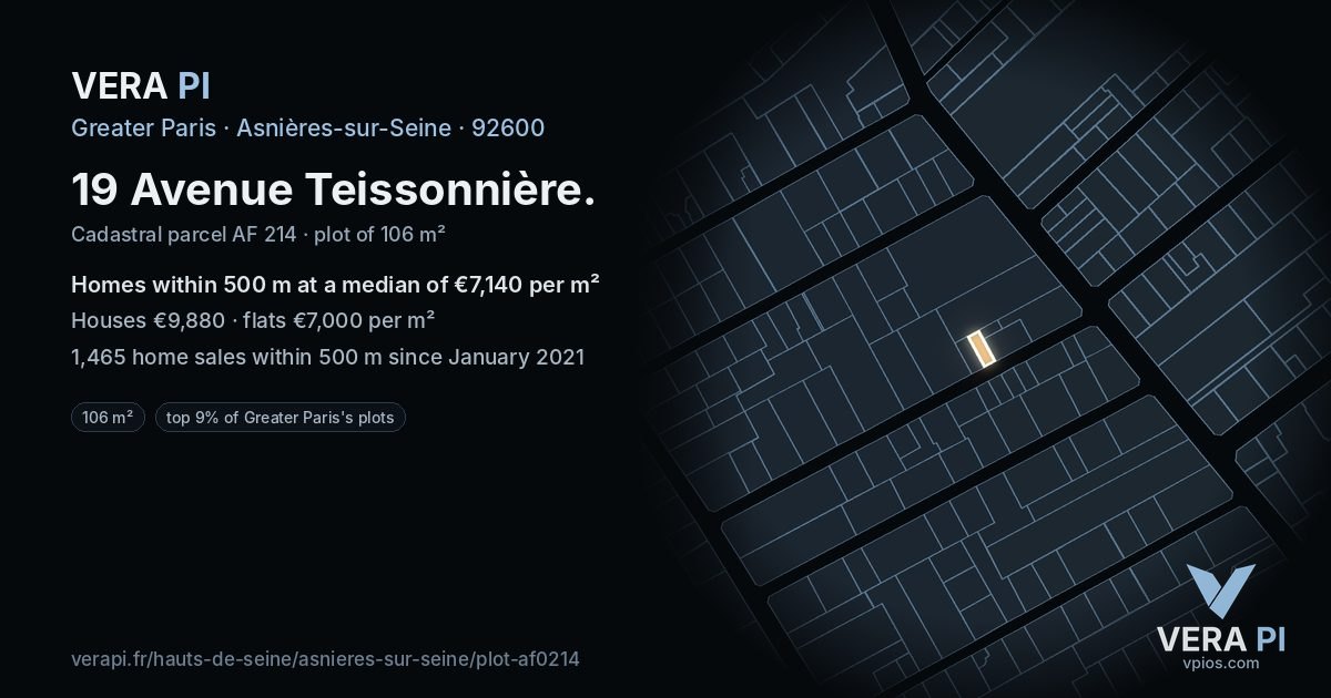 19 Avenue Teissonnière, Asnières-sur-Seine at night – the plot lit, the parcels around coloured by the prices near them