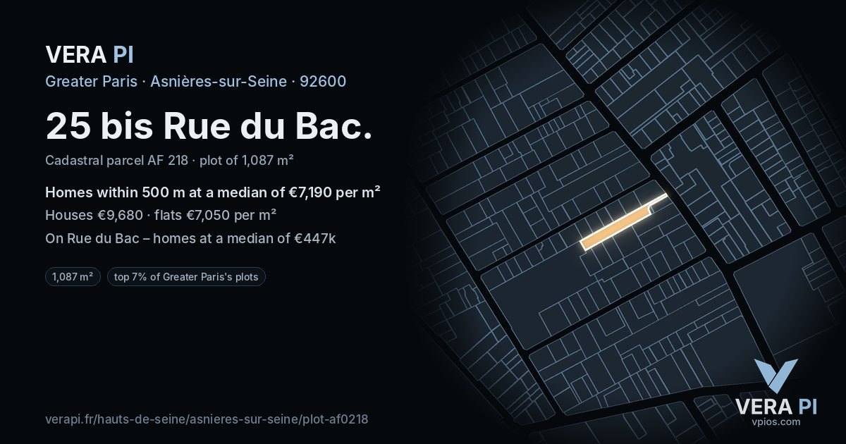 25 bis Rue du Bac, Asnières-sur-Seine at night – the plot lit, the parcels around coloured by the prices near them
