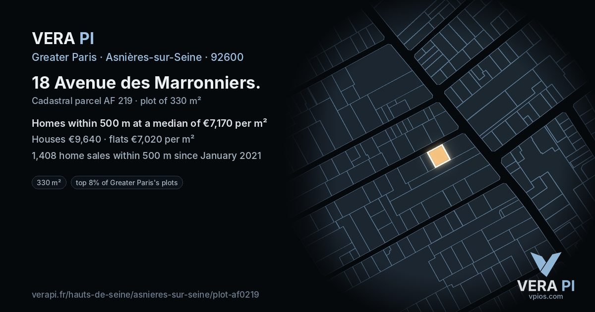 18 Avenue des Marronniers, Asnières-sur-Seine at night – the plot lit, the parcels around coloured by the prices near them