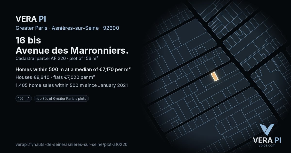 16 bis Avenue des Marronniers, Asnières-sur-Seine at night – the plot lit, the parcels around coloured by the prices near them