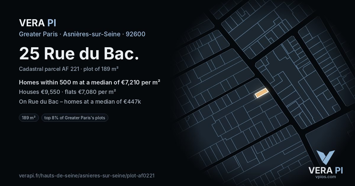 25 Rue du Bac, Asnières-sur-Seine at night – the plot lit, the parcels around coloured by the prices near them
