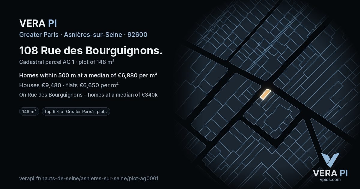 108 Rue des Bourguignons, Asnières-sur-Seine at night – the plot lit, the parcels around coloured by the prices near them