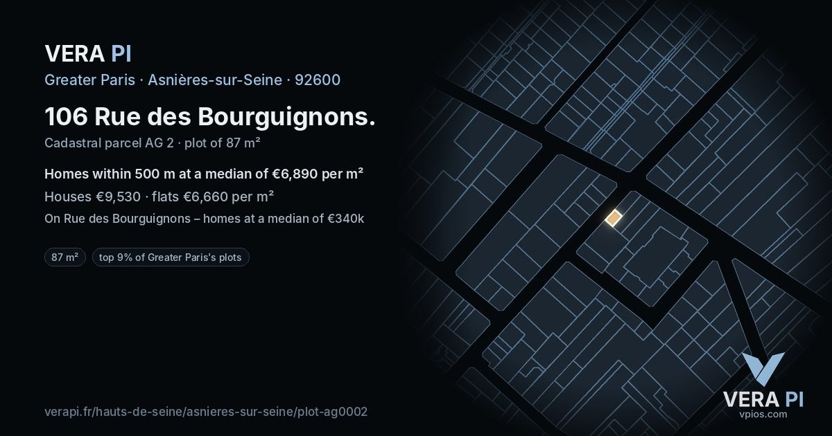 106 Rue des Bourguignons, Asnières-sur-Seine at night – the plot lit, the parcels around coloured by the prices near them