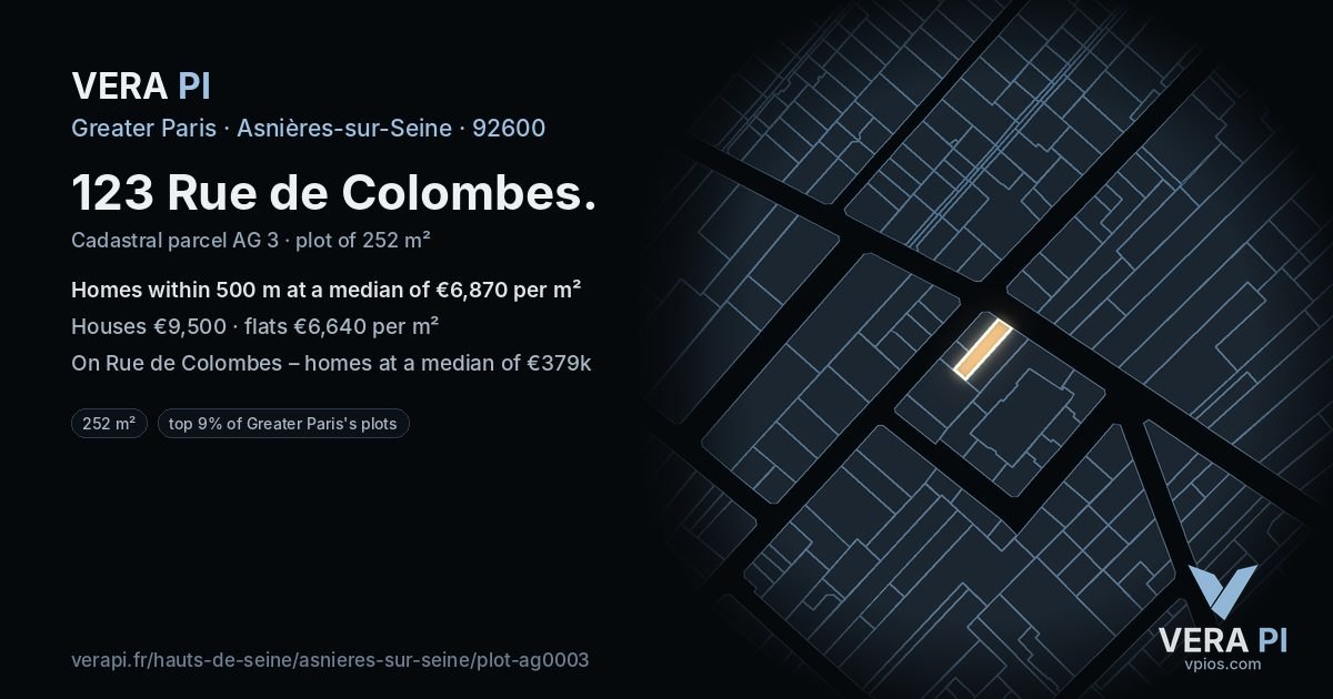 123 Rue de Colombes, Asnières-sur-Seine at night – the plot lit, the parcels around coloured by the prices near them