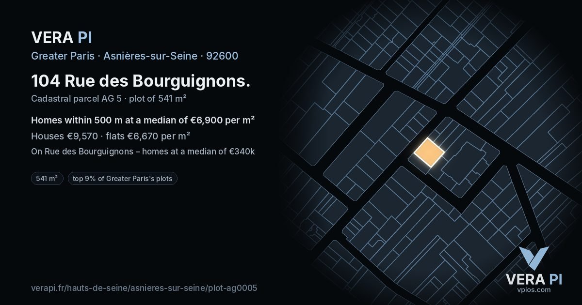 104 Rue des Bourguignons, Asnières-sur-Seine at night – the plot lit, the parcels around coloured by the prices near them