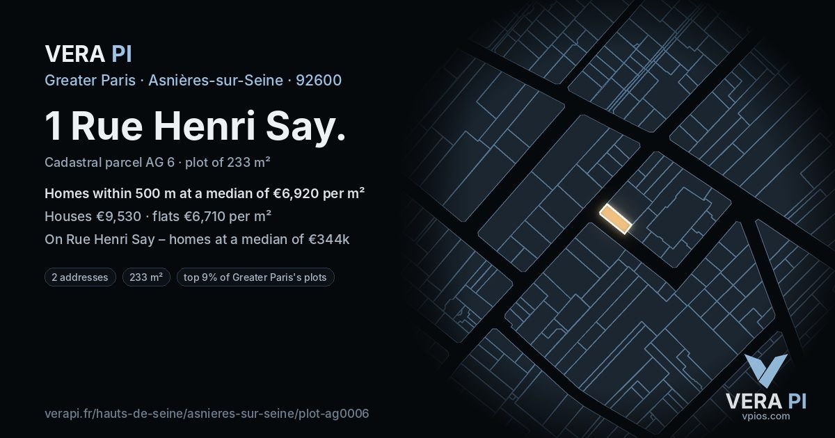 1 Rue Henri Say, Asnières-sur-Seine at night – the plot lit, the parcels around coloured by the prices near them