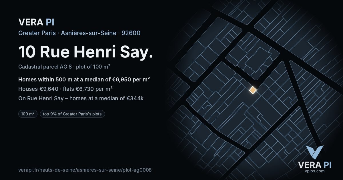 10 Rue Henri Say, Asnières-sur-Seine at night – the plot lit, the parcels around coloured by the prices near them
