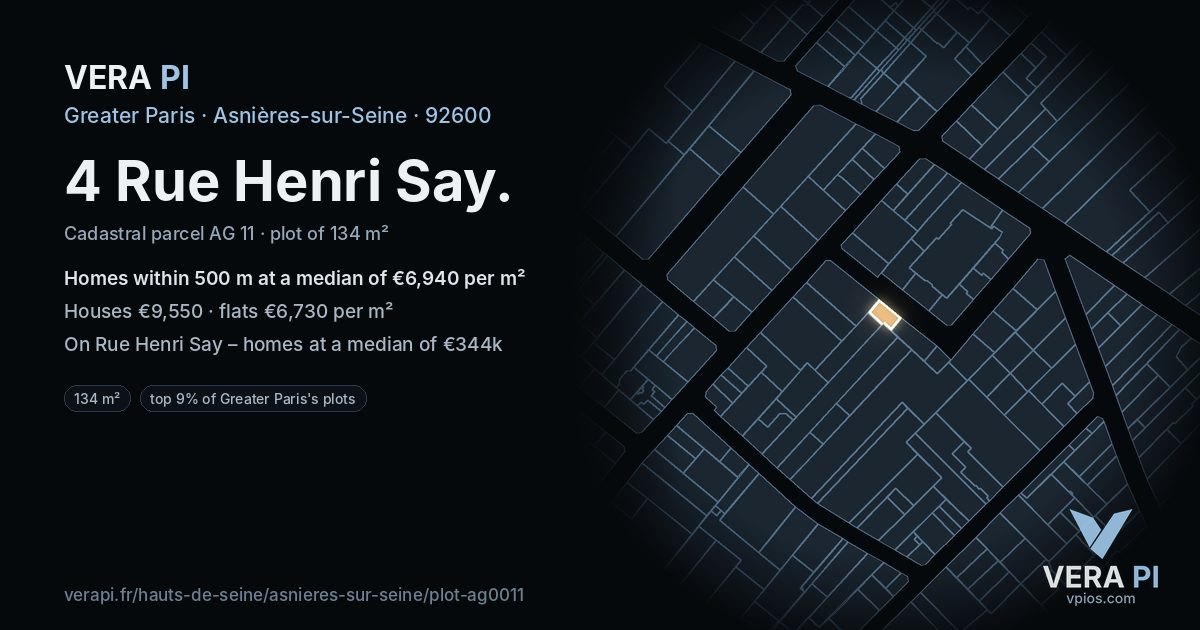 4 Rue Henri Say, Asnières-sur-Seine at night – the plot lit, the parcels around coloured by the prices near them