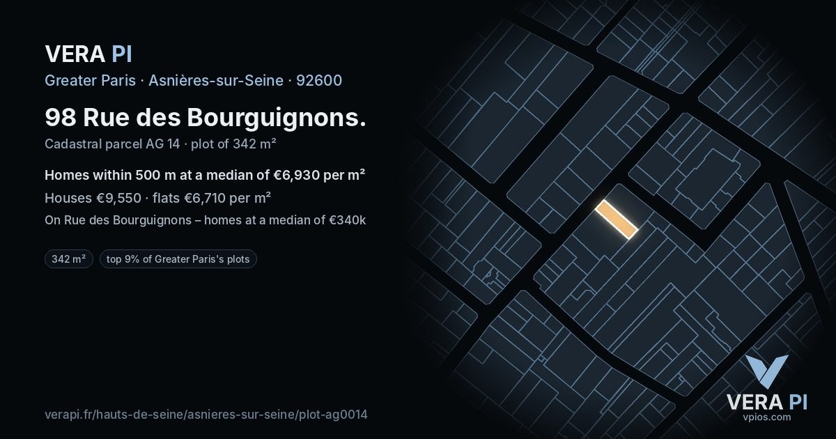 98 Rue des Bourguignons, Asnières-sur-Seine at night – the plot lit, the parcels around coloured by the prices near them