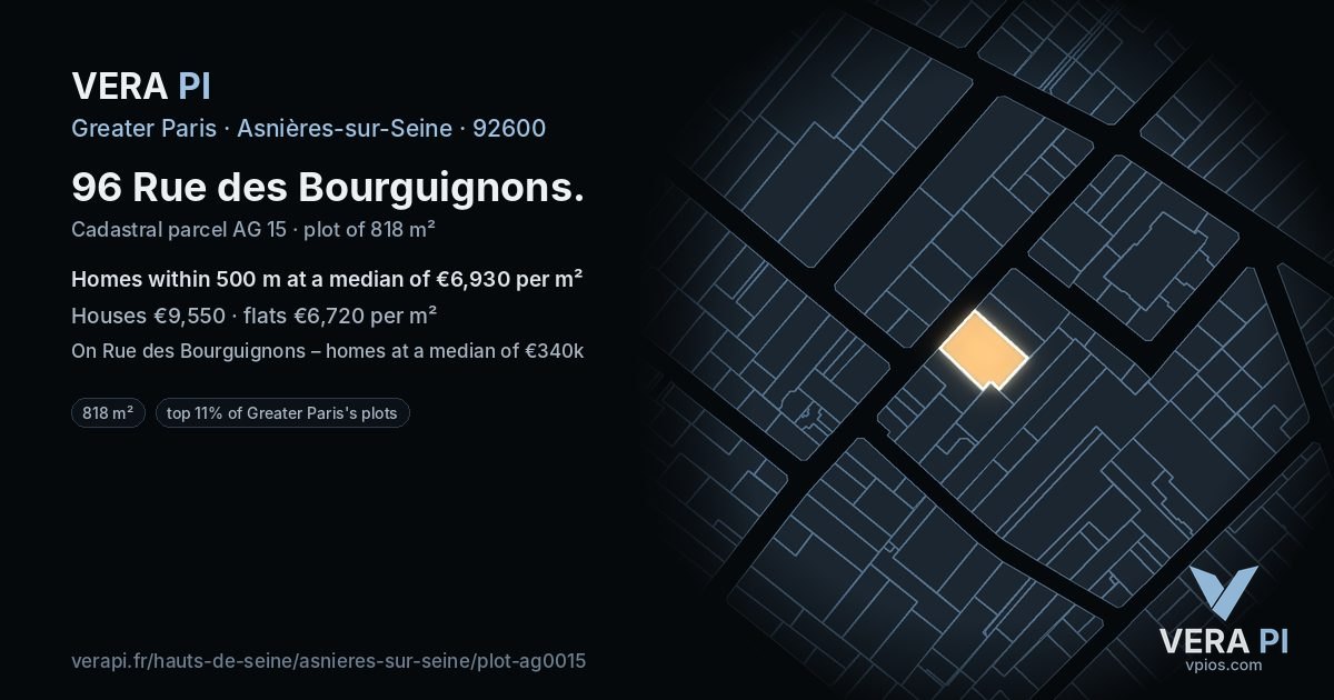 96 Rue des Bourguignons, Asnières-sur-Seine at night – the plot lit, the parcels around coloured by the prices near them