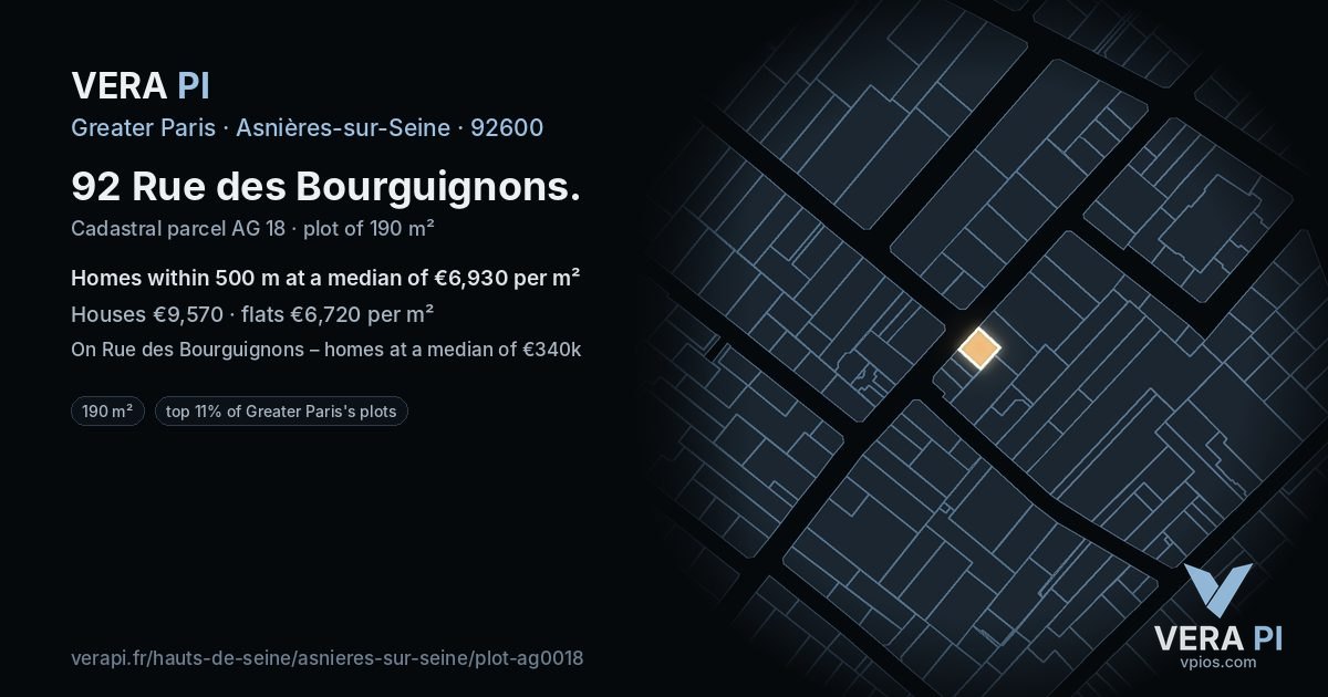 92 Rue des Bourguignons, Asnières-sur-Seine at night – the plot lit, the parcels around coloured by the prices near them