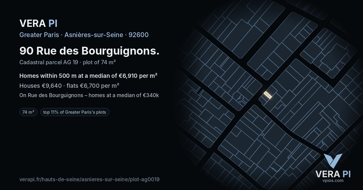 90 Rue des Bourguignons, Asnières-sur-Seine at night – the plot lit, the parcels around coloured by the prices near them