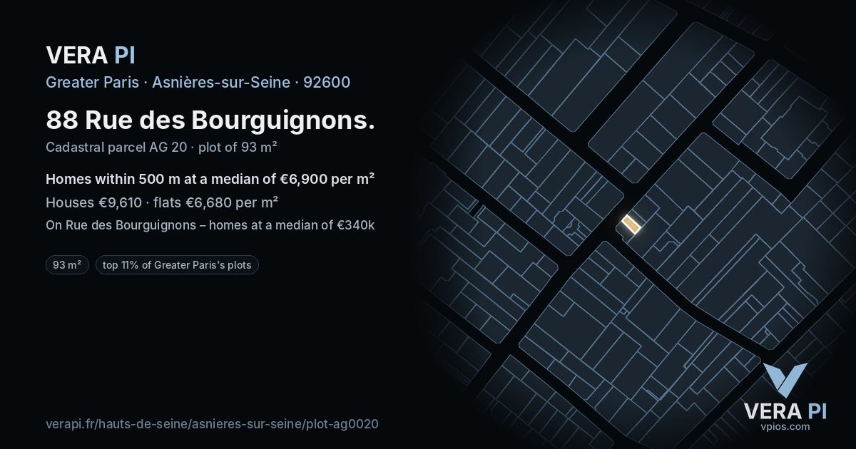 88 Rue des Bourguignons, Asnières-sur-Seine at night – the plot lit, the parcels around coloured by the prices near them