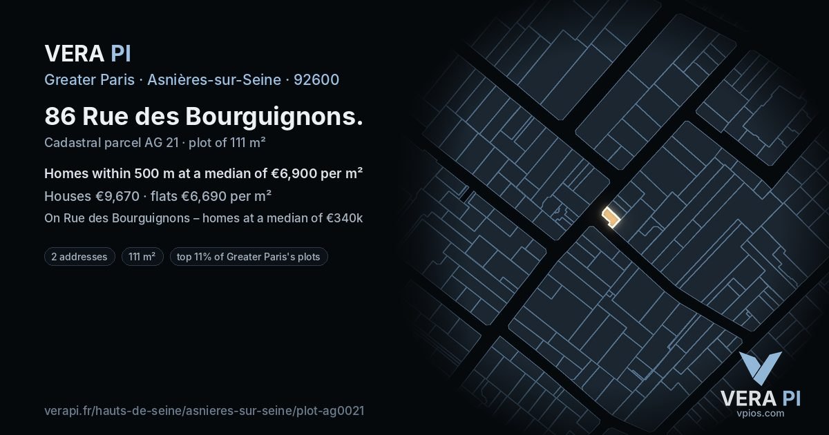 86 Rue des Bourguignons, Asnières-sur-Seine at night – the plot lit, the parcels around coloured by the prices near them