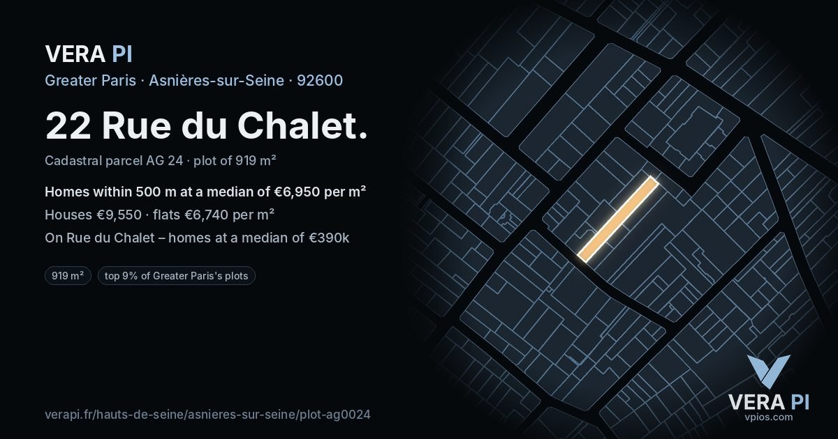 22 Rue du Chalet, Asnières-sur-Seine at night – the plot lit, the parcels around coloured by the prices near them