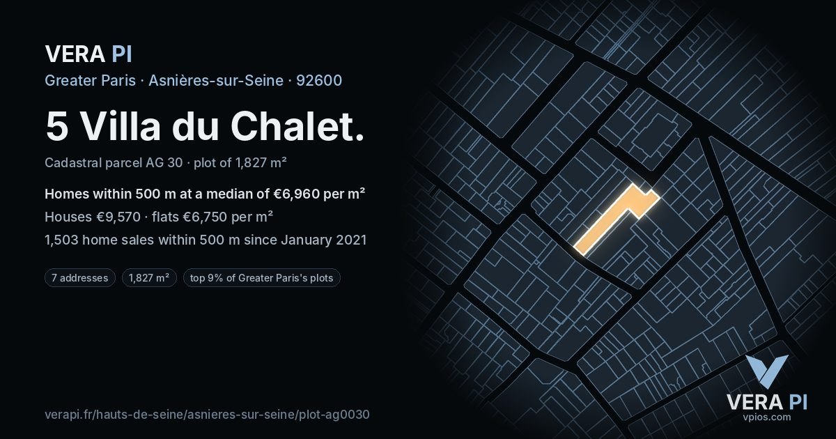 5 Villa du Chalet, Asnières-sur-Seine at night – the plot lit, the parcels around coloured by the prices near them