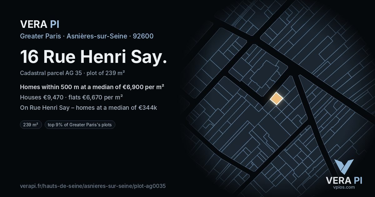 16 Rue Henri Say, Asnières-sur-Seine at night – the plot lit, the parcels around coloured by the prices near them