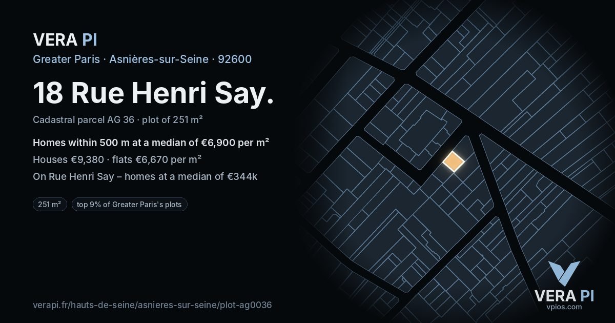 18 Rue Henri Say, Asnières-sur-Seine at night – the plot lit, the parcels around coloured by the prices near them