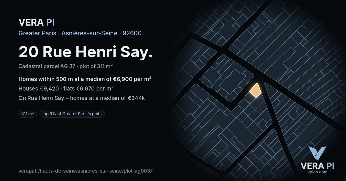 20 Rue Henri Say, Asnières-sur-Seine at night – the plot lit, the parcels around coloured by the prices near them