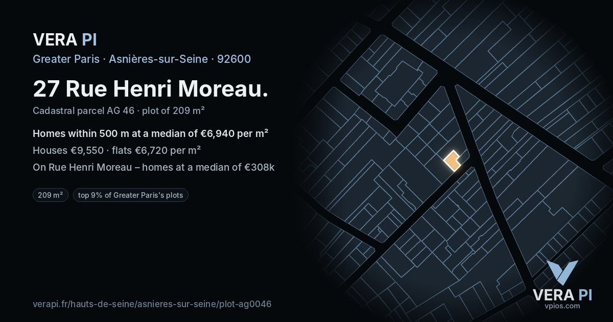 27 Rue Henri Moreau, Asnières-sur-Seine at night – the plot lit, the parcels around coloured by the prices near them
