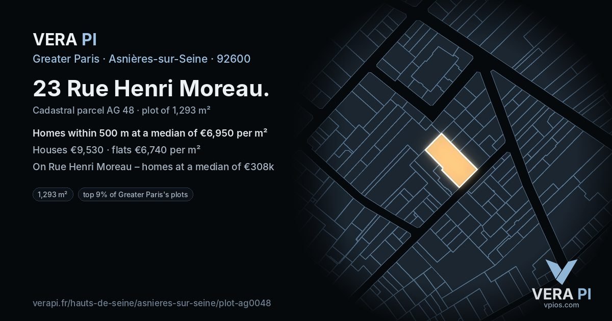 23 Rue Henri Moreau, Asnières-sur-Seine at night – the plot lit, the parcels around coloured by the prices near them