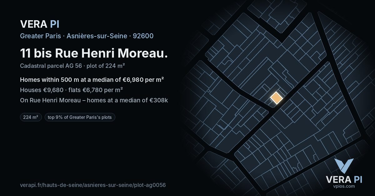 11 bis Rue Henri Moreau, Asnières-sur-Seine at night – the plot lit, the parcels around coloured by the prices near them