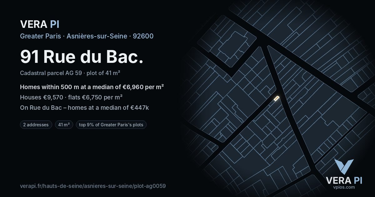 91 Rue du Bac, Asnières-sur-Seine at night – the plot lit, the parcels around coloured by the prices near them