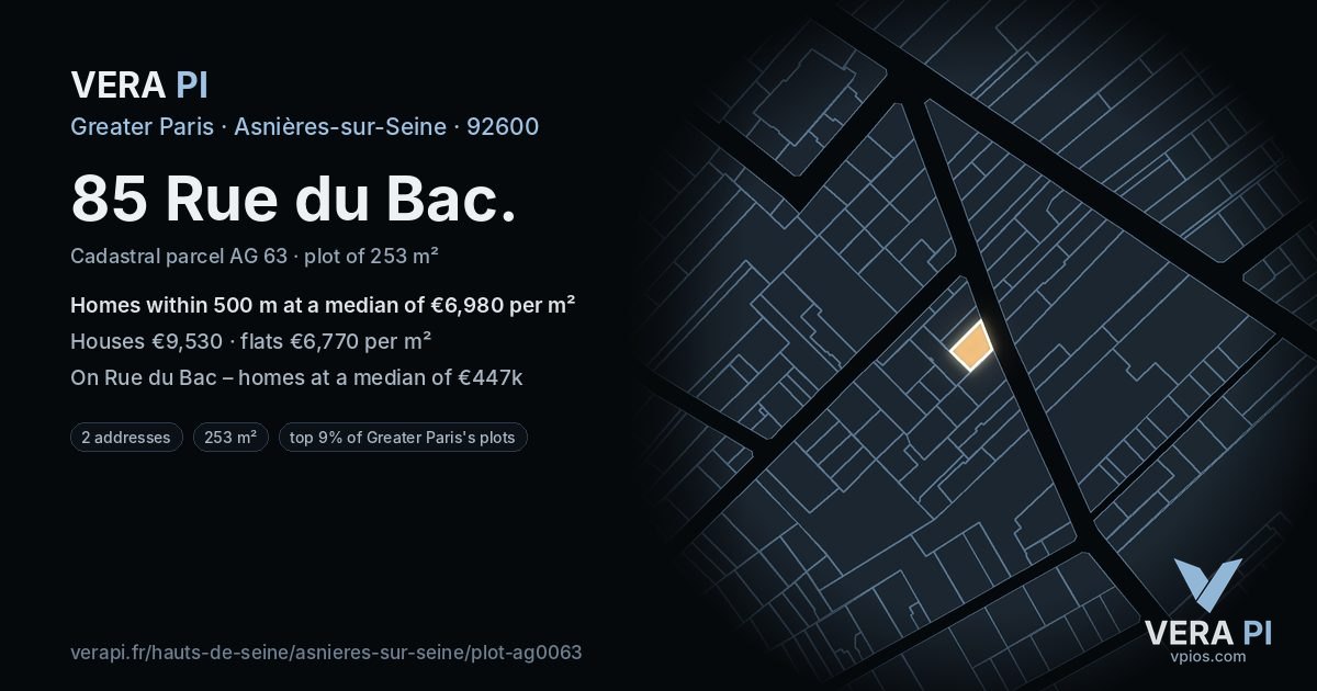 85 Rue du Bac, Asnières-sur-Seine at night – the plot lit, the parcels around coloured by the prices near them