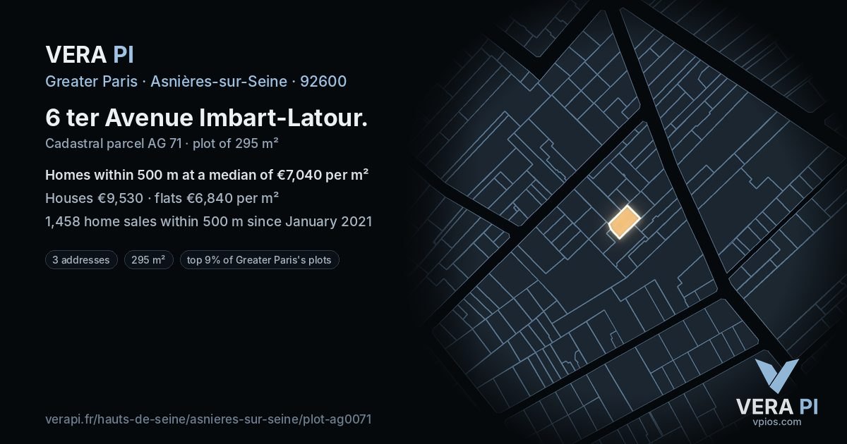 6 ter Avenue Imbart-Latour, Asnières-sur-Seine at night – the plot lit, the parcels around coloured by the prices near them
