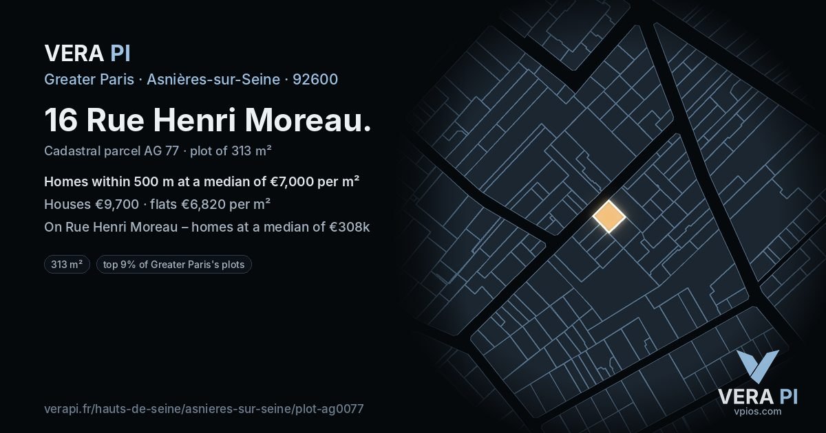 16 Rue Henri Moreau, Asnières-sur-Seine at night – the plot lit, the parcels around coloured by the prices near them