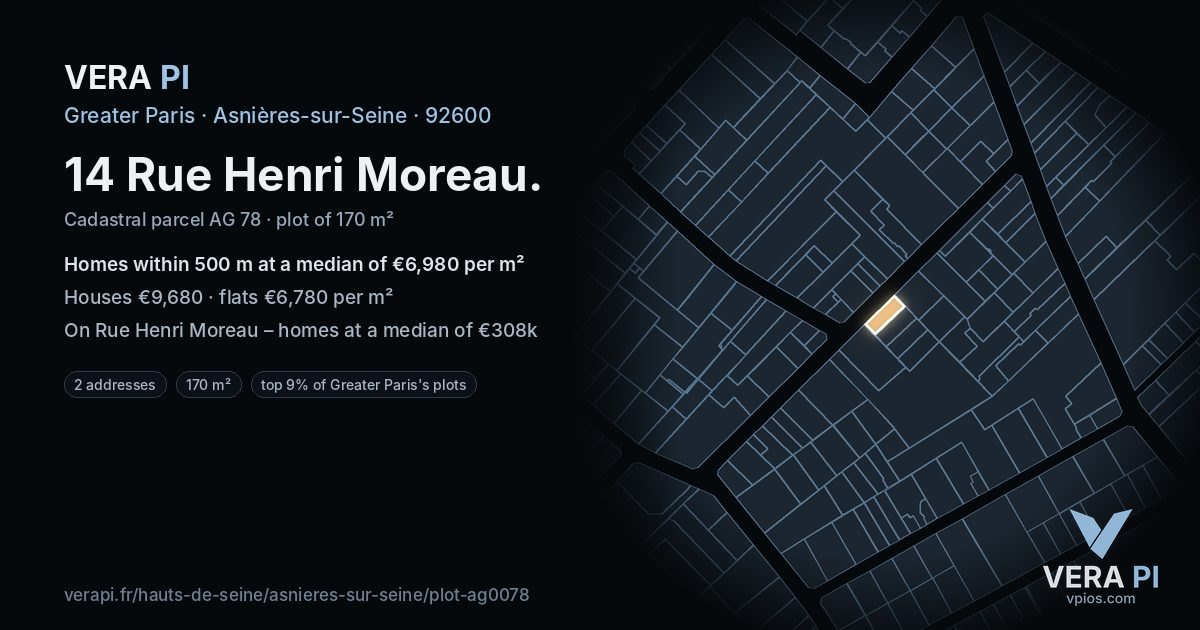 14 Rue Henri Moreau, Asnières-sur-Seine at night – the plot lit, the parcels around coloured by the prices near them