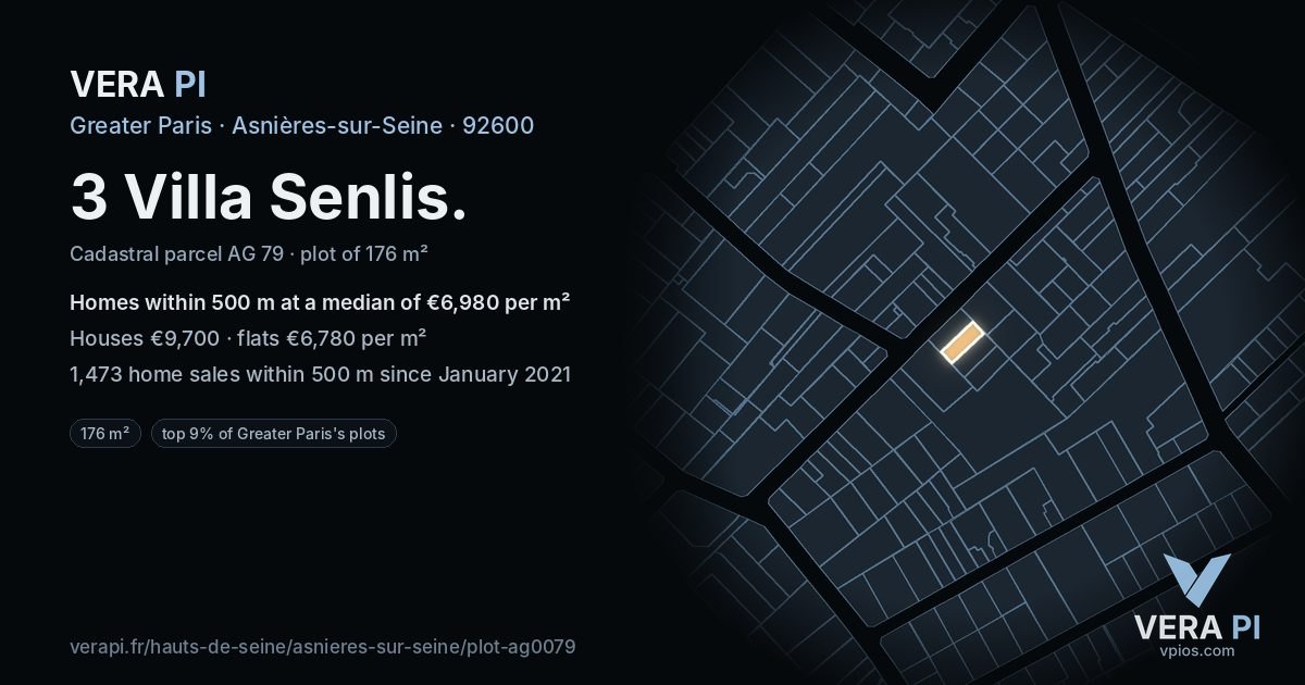 3 Villa Senlis, Asnières-sur-Seine at night – the plot lit, the parcels around coloured by the prices near them