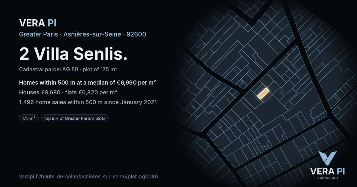 2 Villa Senlis, Asnières-sur-Seine at night – the plot lit, the parcels around coloured by the prices near them