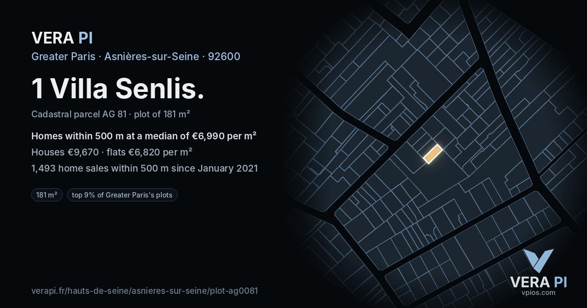 1 Villa Senlis, Asnières-sur-Seine at night – the plot lit, the parcels around coloured by the prices near them