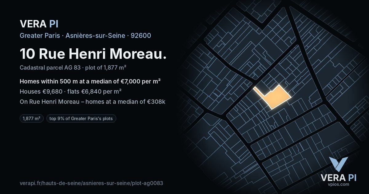 10 Rue Henri Moreau, Asnières-sur-Seine at night – the plot lit, the parcels around coloured by the prices near them