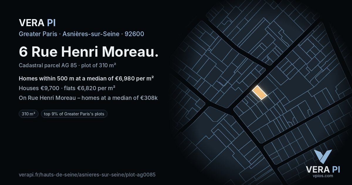 6 Rue Henri Moreau, Asnières-sur-Seine at night – the plot lit, the parcels around coloured by the prices near them