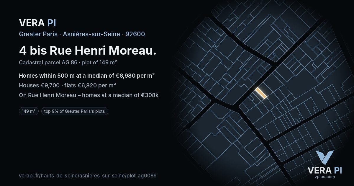 4 bis Rue Henri Moreau, Asnières-sur-Seine at night – the plot lit, the parcels around coloured by the prices near them